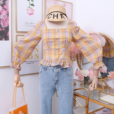 Modern kockás női ing négyzet alakú nyakkivágással, több színben