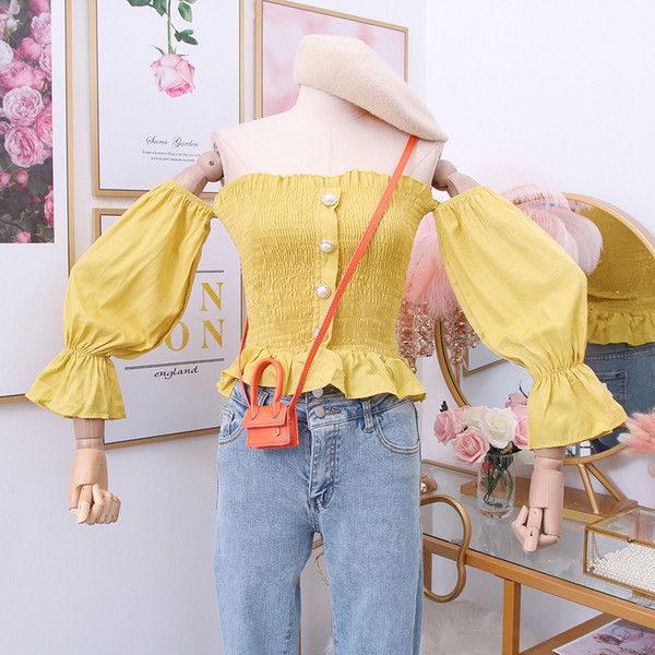 Cămașă modernă de damă cu umerii goi și mâneci lotus în mai multe culori