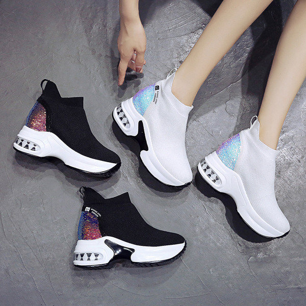 Adidasi casual dama cu talpa inalta in alb-negru