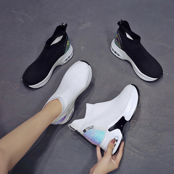 Adidasi casual dama cu talpa inalta in alb-negru