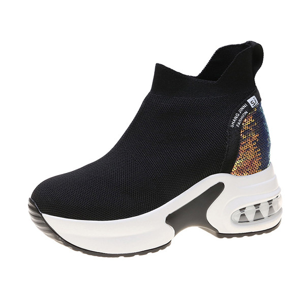 Adidasi casual dama cu talpa inalta in alb-negru