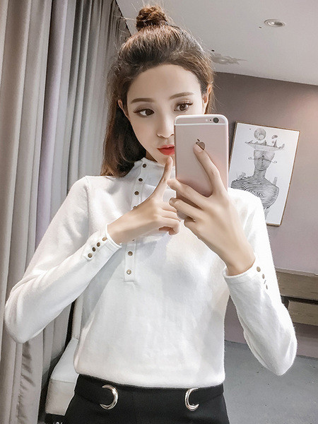 Női alkalmi blúz magas gallérral, gombokkal