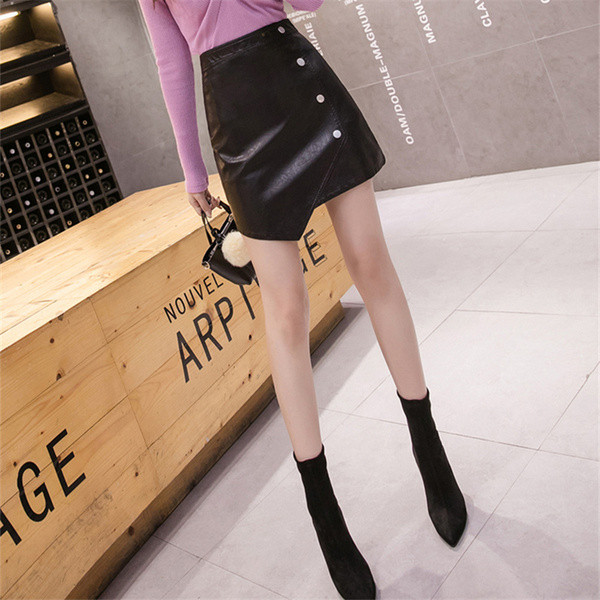 Új modell eko bőrből készült aszimmetrikus női szoknya fekete gombokkal