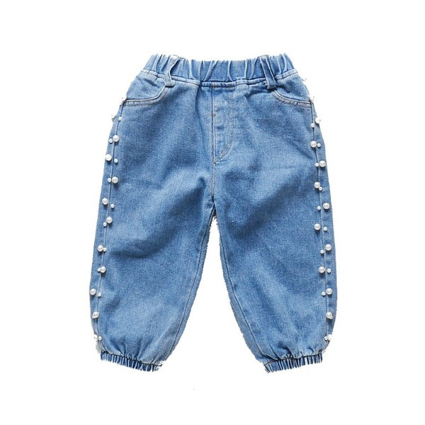 Modern, kék színű, gyöngyös gyerekfarmer lányoknak