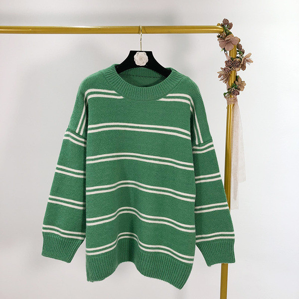 Női hétköznapi csíkos pulóver zöld és bézs színben