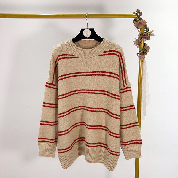 Női hétköznapi csíkos pulóver zöld és bézs színben