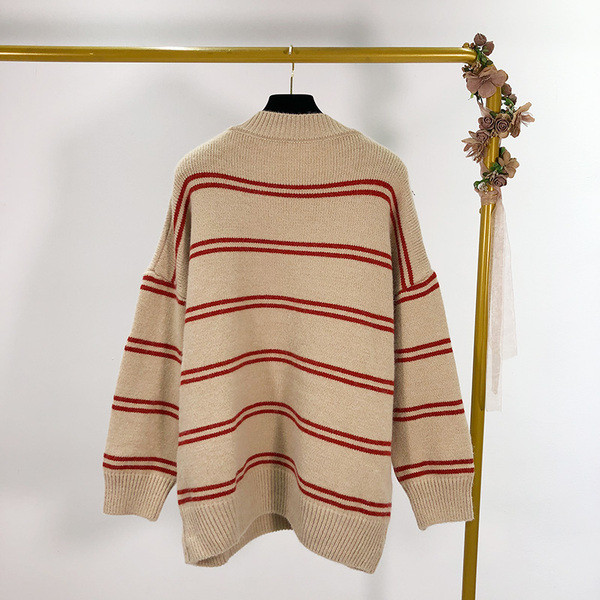 Női hétköznapi csíkos pulóver zöld és bézs színben