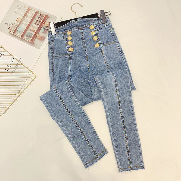 Modern női farmer magas derékkal és kék gombokkal