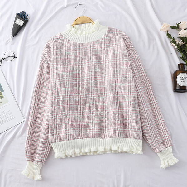 Női kockás pulóver varrott fürtökkel, különböző színekben