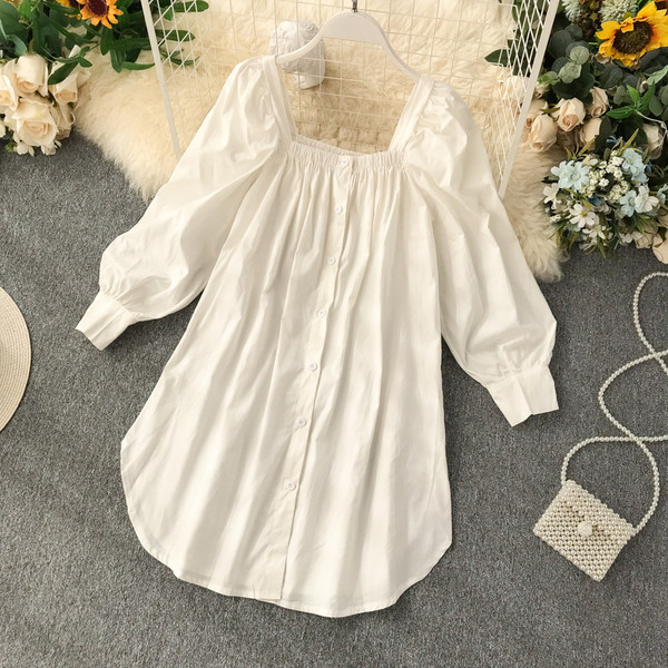 Camasa larga dama model nou cu decolteu patrat in albastru si alb