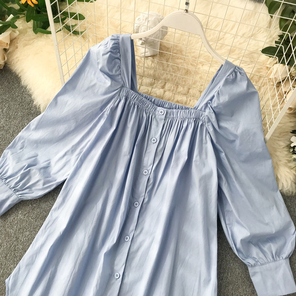 Camasa larga dama model nou cu decolteu patrat in albastru si alb