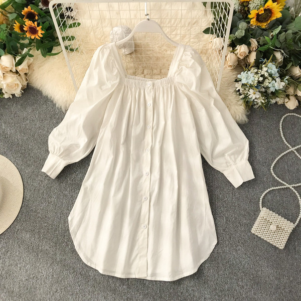 Camasa larga dama model nou cu decolteu patrat in albastru si alb