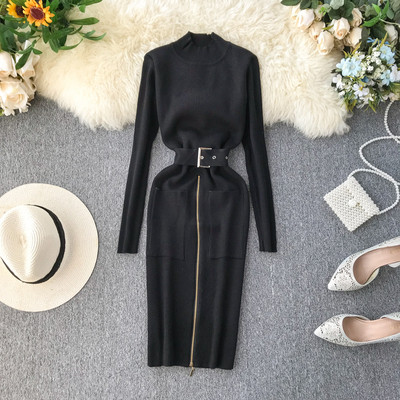 Modern női ruha cipzárral és övvel, különböző színekben