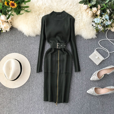 Modern női ruha cipzárral és övvel, különböző színekben