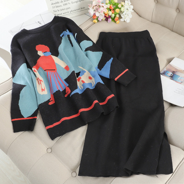 Modern női pulóver és szoknya szett fekete és barna színben