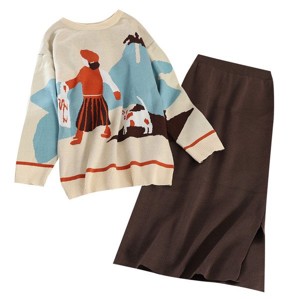 Modern női pulóver és szoknya szett fekete és barna színben