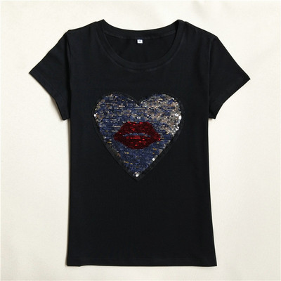 Tricou casual dama cu maneci scurte si paiete in alb si negru