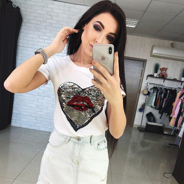 Tricou casual dama cu maneci scurte si paiete in alb si negru