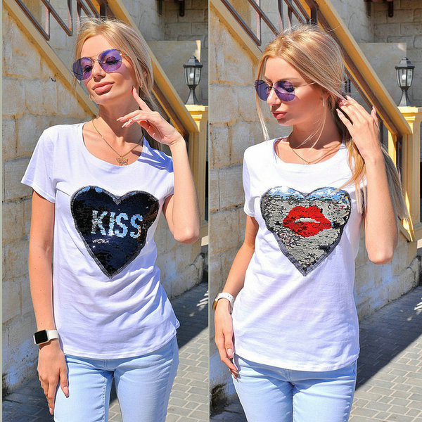 Tricou casual dama cu maneci scurte si paiete in alb si negru