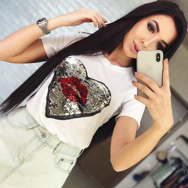 Tricou casual dama cu maneci scurte si paiete in alb si negru