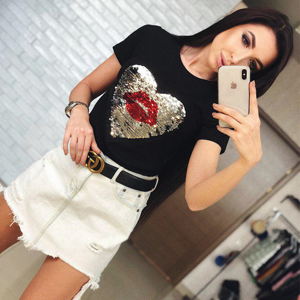 Tricou casual dama cu maneci scurte si paiete in alb si negru