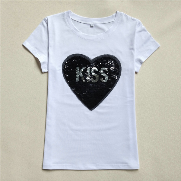 Tricou casual dama cu maneci scurte si paiete in alb si negru