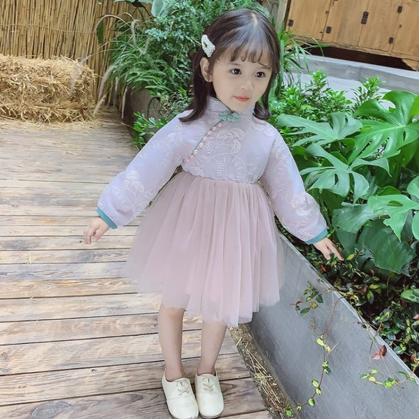 Μοντέρνο παιδικό φόρεμα  σε ροζ και μπλε χρώμα με τούλι και πέρλες