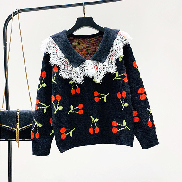 Új modell női pulóver spitz nyakkivágással és fehér, fekete, rózsaszín és kék mintával