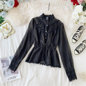 Cămașă modernă de damă cu guler înalt și legături în talie în alb-negru