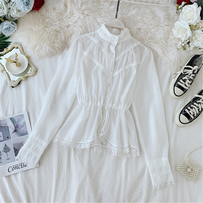 Cămașă modernă de damă cu guler înalt și legături în talie în alb-negru