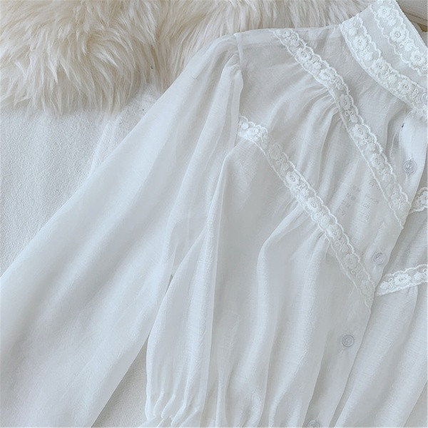 Cămașă modernă de damă cu guler înalt și legături în talie în alb-negru