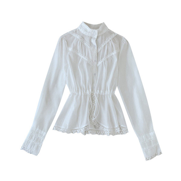 Cămașă modernă de damă cu guler înalt și legături în talie în alb-negru