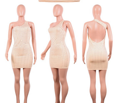 Κομψό γυναικείο εξώπλατο  φόρεμα με πέτρες σε μαύρο και μπεζ χρώμα