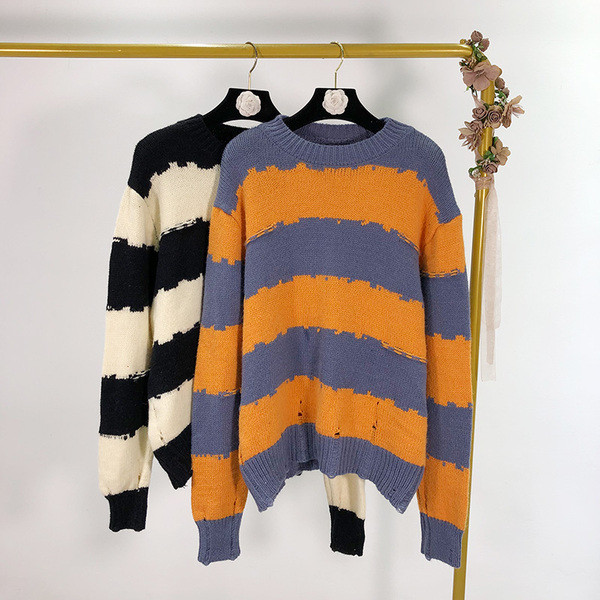 Pulover casual cu dungi in doua culori cu maneci lungi