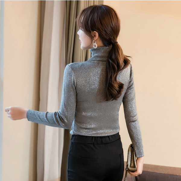 Bluza de dama in negru si gri cu efect stralucitor si guler polo