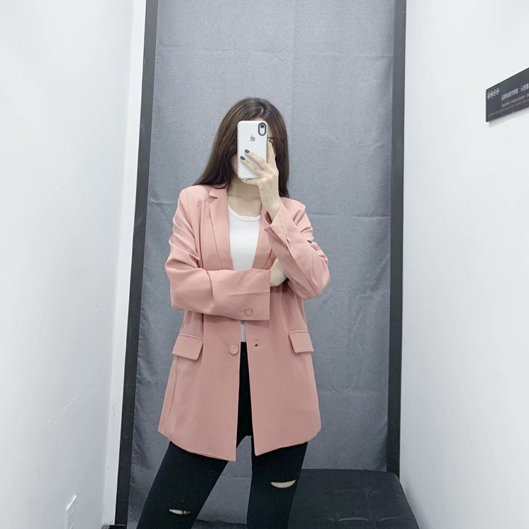 Jachetă lungă casual cu nasturi și mâneci lungi în culoarea roz