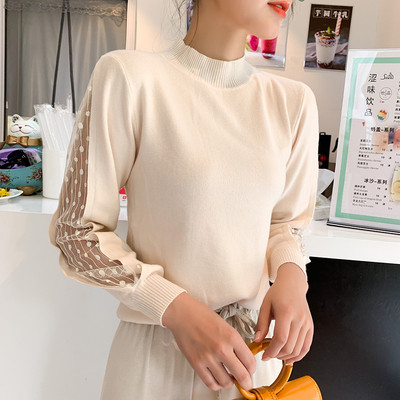 Modern női pulóver, ujján csipkével, többféle színben