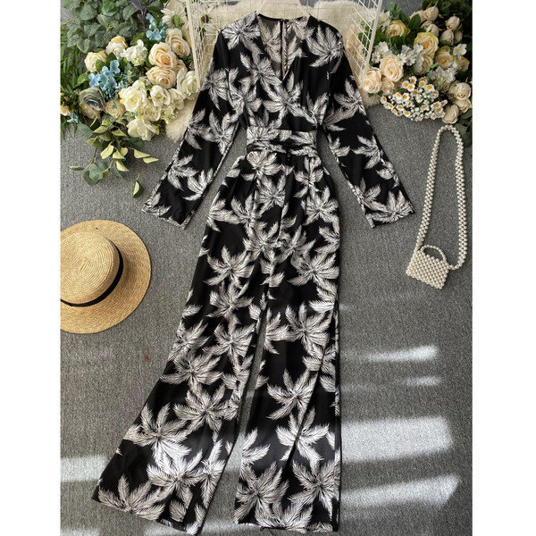 Modern női jumpsuit mintás és spitz nyakkivágással több színben