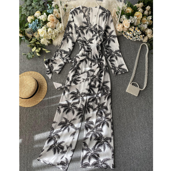 Modern női jumpsuit mintás és spitz nyakkivágással több színben