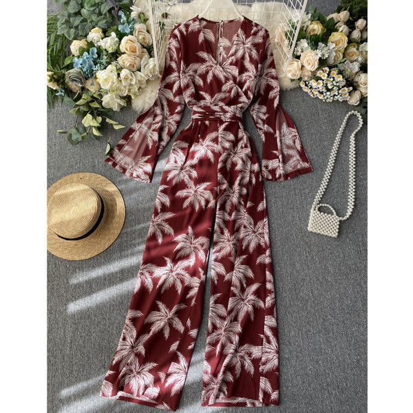 Modern női jumpsuit mintás és spitz nyakkivágással több színben