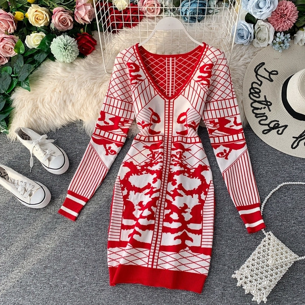 Új modell női ruha Vékony modell hosszú ujjú piros és fekete színben