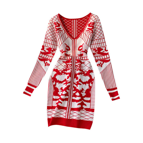 Új modell női ruha Vékony modell hosszú ujjú piros és fekete színben