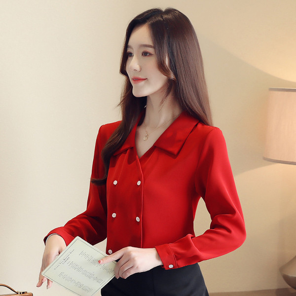 Stílusos női ing fekete és piros színben, V-nyakkal