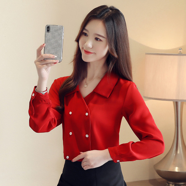 Stílusos női ing fekete és piros színben, V-nyakkal