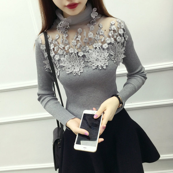 Stílusos női testhezálló blúz tüll gallérral és csipke elemekkel