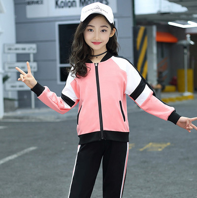 Gyerek sportkészlet lányoknak kétrészes pulóver + nadrág rózsaszín, zöld és piros színben