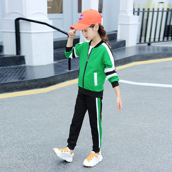 Gyerek sportkészlet lányoknak kétrészes pulóver + nadrág rózsaszín, zöld és piros színben