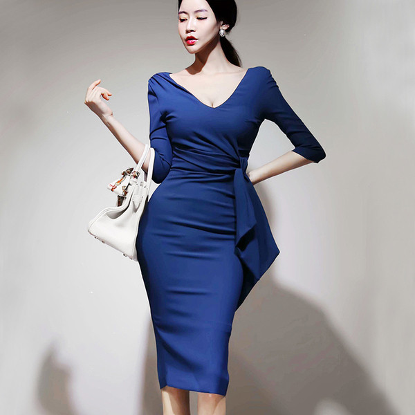 Stílusos női ruha 3/4 ujjú kék színben