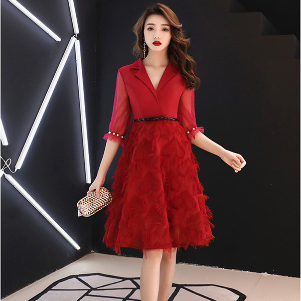 Model elegant de rochie de dama cu maneci 3/4 in rosu