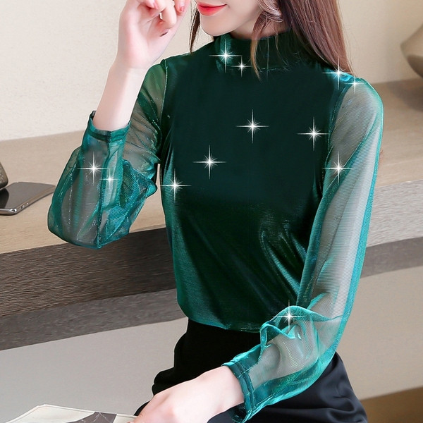 Bluză de damă modernă în trei culori cu mâneci lungi și guler înalt